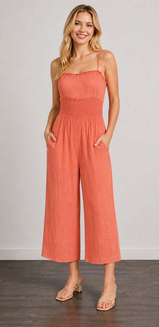Julie Brown Womens Orange Metallic Sleeveless Gauze Jumpsuit Smocked Size Large